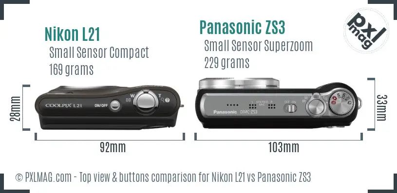 Nikon L21 vs Panasonic ZS3 top view buttons comparison