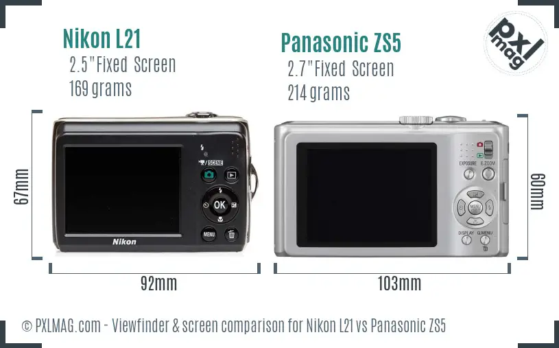 Nikon L21 vs Panasonic ZS5 Screen and Viewfinder comparison