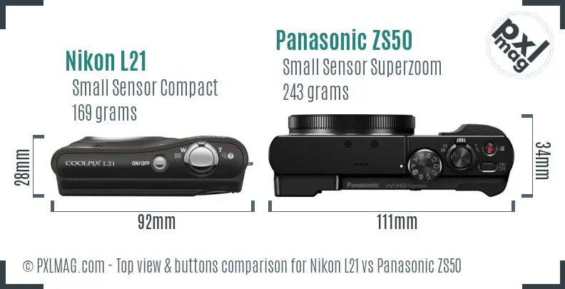 Nikon L21 vs Panasonic ZS50 top view buttons comparison