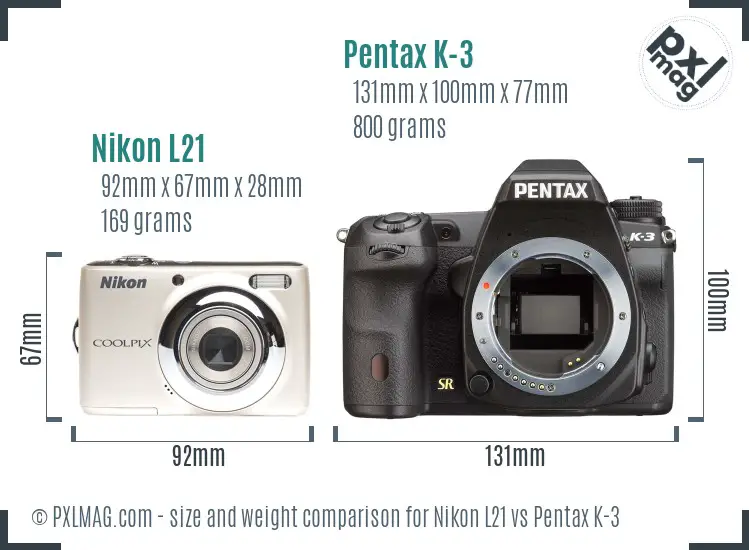 Nikon L21 vs Pentax K-3 size comparison