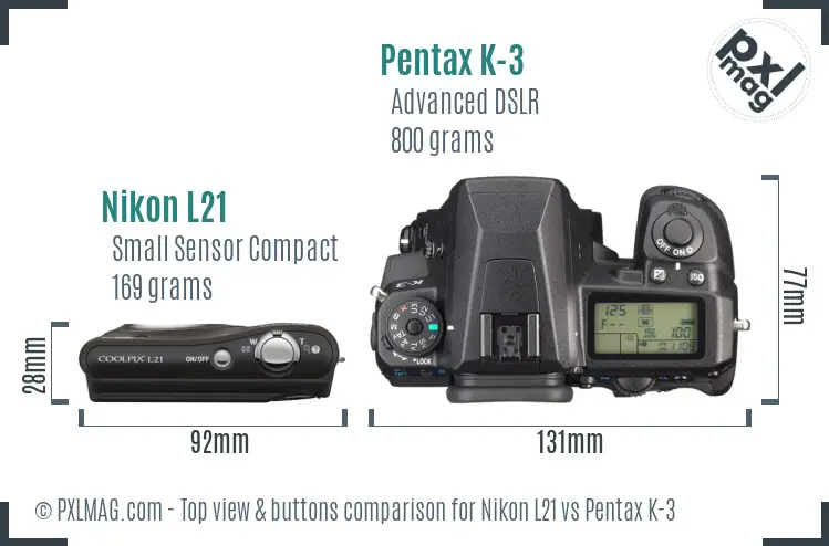 Nikon L21 vs Pentax K-3 top view buttons comparison