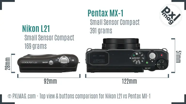 Nikon L21 vs Pentax MX-1 top view buttons comparison