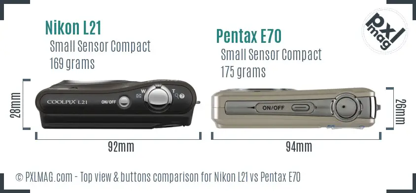 Nikon L21 vs Pentax E70 top view buttons comparison