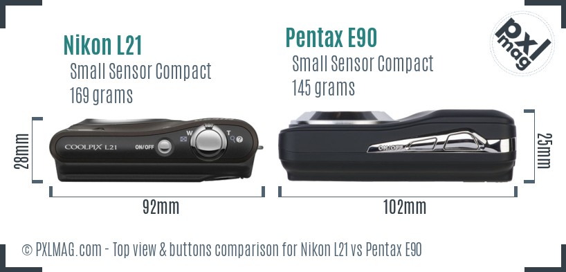 Nikon L21 vs Pentax E90 top view buttons comparison