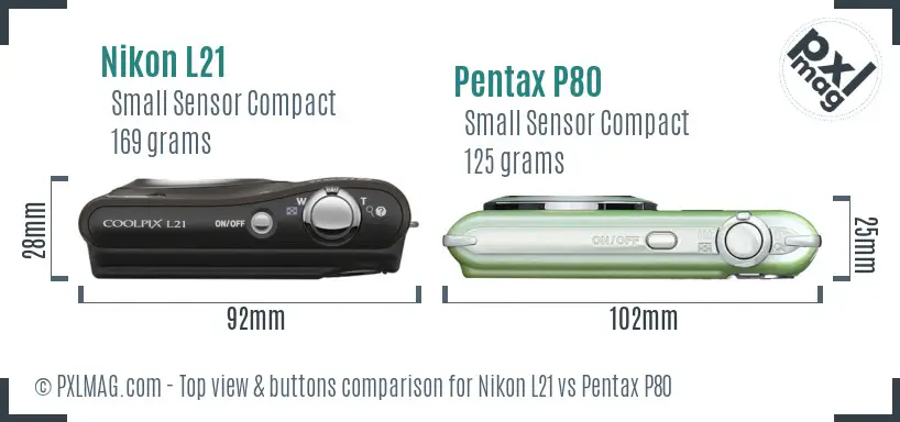 Nikon L21 vs Pentax P80 top view buttons comparison