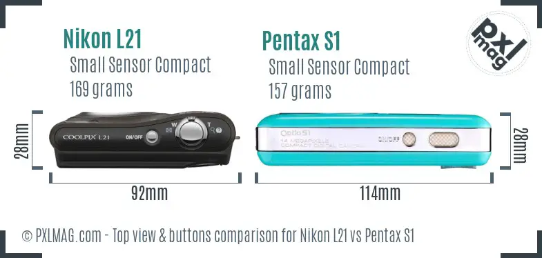 Nikon L21 vs Pentax S1 top view buttons comparison