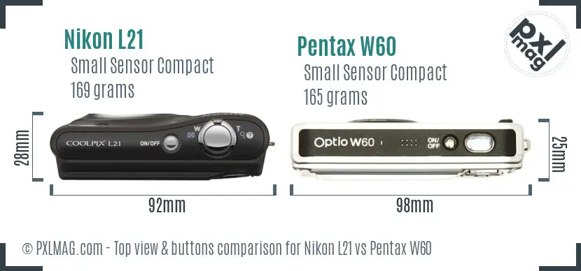 Nikon L21 vs Pentax W60 top view buttons comparison Nikon L21 vs Pentax W60 top view buttons comparison