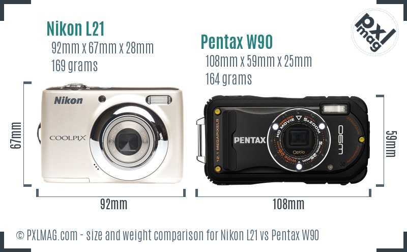 Nikon L21 vs Pentax W90 size comparison