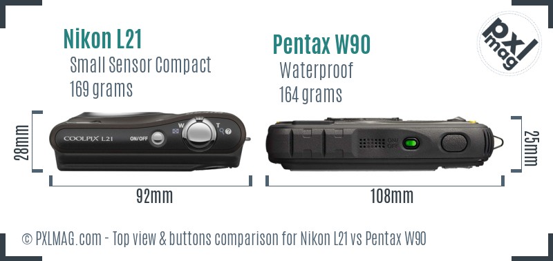 Nikon L21 vs Pentax W90 top view buttons comparison