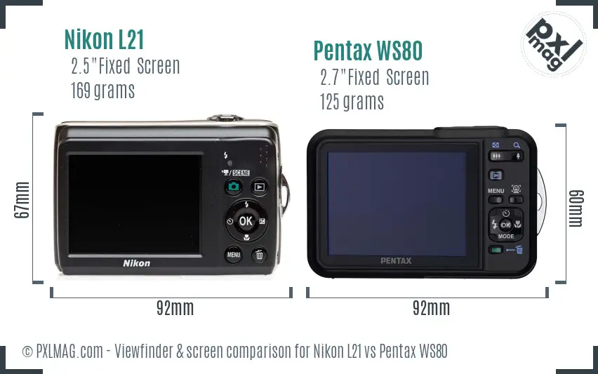 Nikon L21 vs Pentax WS80 Screen and Viewfinder comparison Nikon L21 vs Pentax WS80 Screen and Viewfinder comparison