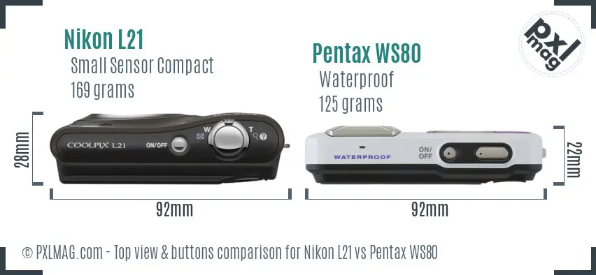 Nikon L21 vs Pentax WS80 top view buttons comparison Nikon L21 vs Pentax WS80 top view buttons comparison