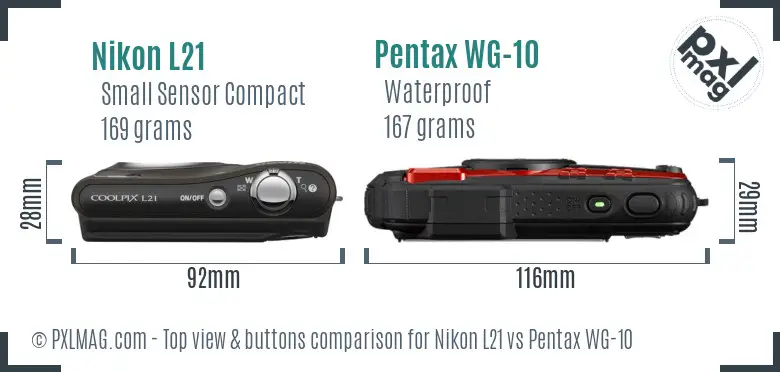 Nikon L21 vs Pentax WG-10 top view buttons comparison Nikon L21 vs Pentax WG-10 top view buttons comparison