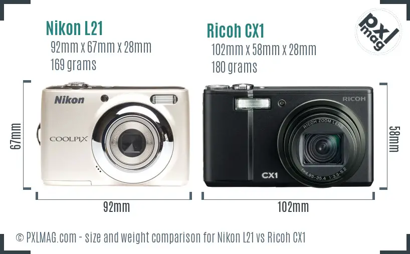 Nikon L21 vs Ricoh CX1 size comparison