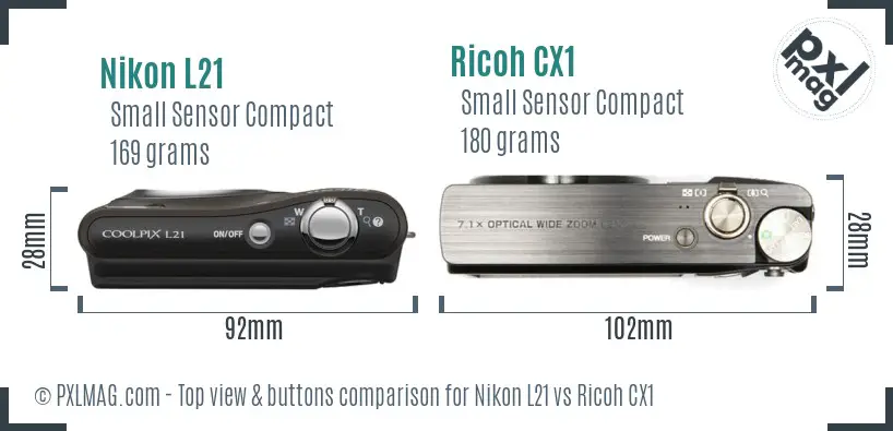 Nikon L21 vs Ricoh CX1 top view buttons comparison