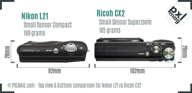 Nikon L21 vs Ricoh CX2 top view buttons comparison Nikon L21 vs Ricoh CX2 top view buttons comparison