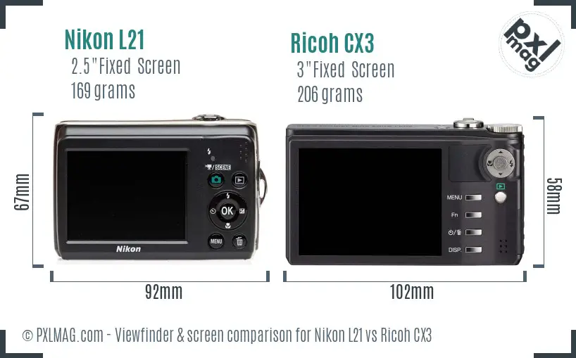 Nikon L21 vs Ricoh CX3 Screen and Viewfinder comparison