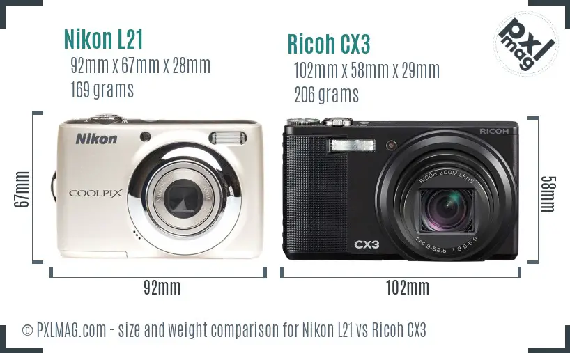 Nikon L21 vs Ricoh CX3 size comparison