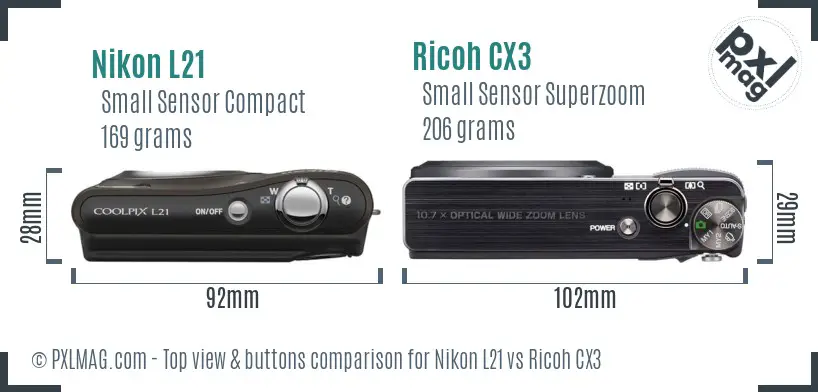Nikon L21 vs Ricoh CX3 top view buttons comparison
