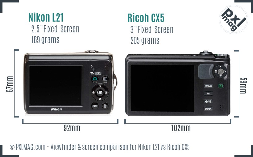 Nikon L21 vs Ricoh CX5 Screen and Viewfinder comparison