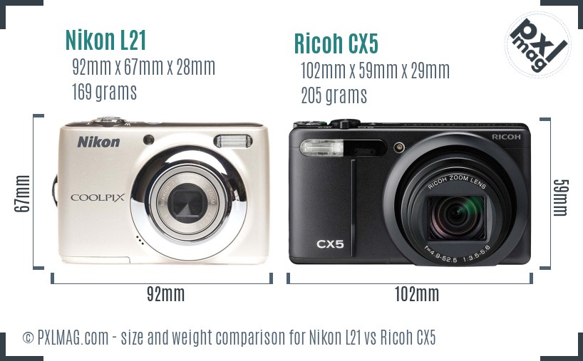 Nikon L21 vs Ricoh CX5 size comparison