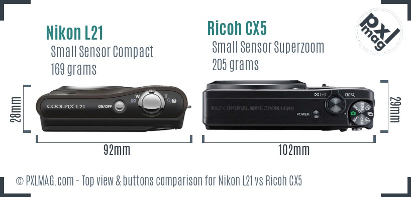 Nikon L21 vs Ricoh CX5 top view buttons comparison