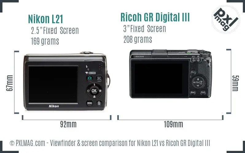 Nikon L21 vs Ricoh GR Digital III Screen and Viewfinder comparison