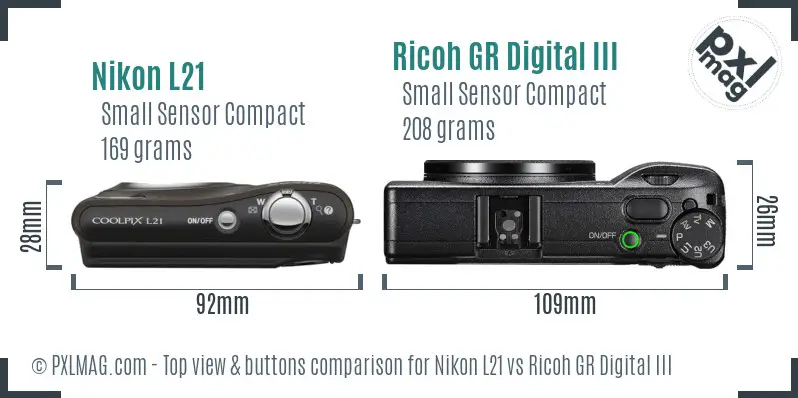 Nikon L21 vs Ricoh GR Digital III top view buttons comparison