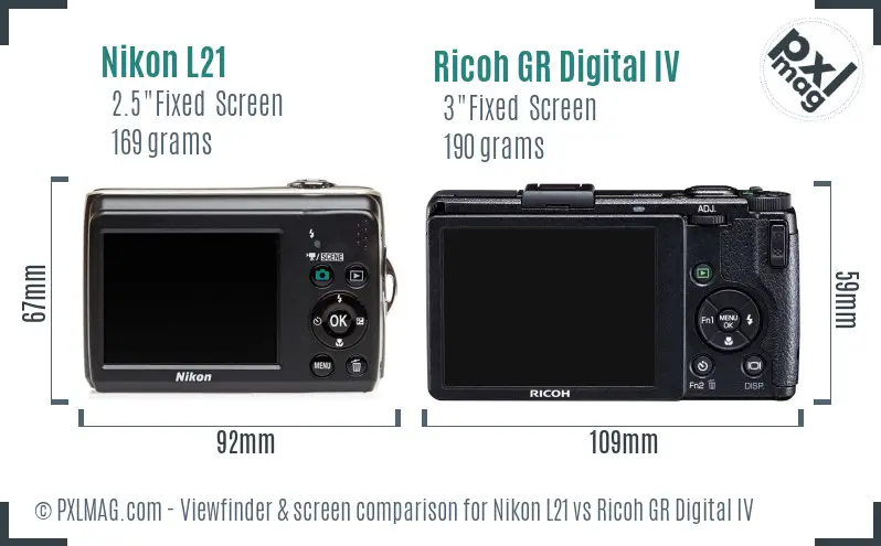 Nikon L21 vs Ricoh GR Digital IV Screen and Viewfinder comparison