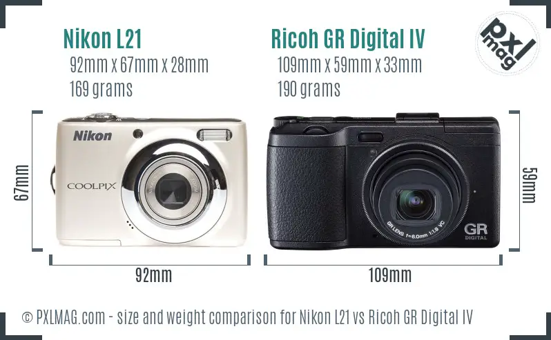 Nikon L21 vs Ricoh GR Digital IV size comparison