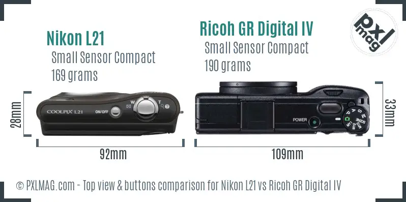 Nikon L21 vs Ricoh GR Digital IV top view buttons comparison