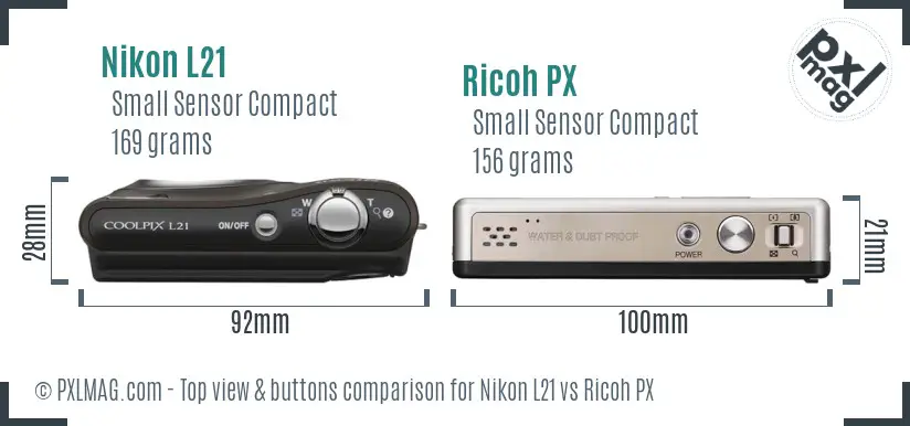 Nikon L21 vs Ricoh PX top view buttons comparison