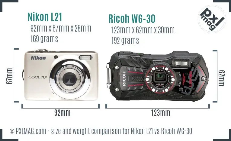 Nikon L21 vs Ricoh WG-30 size comparison