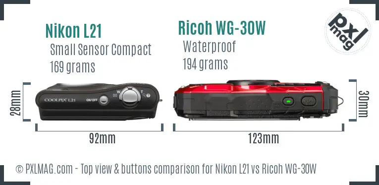 Nikon L21 vs Ricoh WG-30W top view buttons comparison Nikon L21 vs Ricoh WG-30W top view buttons comparison
