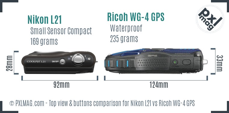 Nikon L21 vs Ricoh WG-4 GPS top view buttons comparison