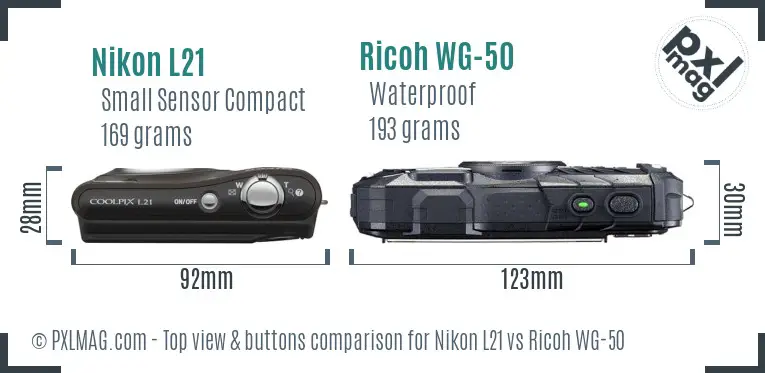 Nikon L21 vs Ricoh WG-50 top view buttons comparison