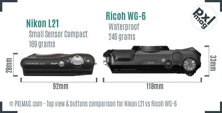 Nikon L21 vs Ricoh WG-6 top view buttons comparison