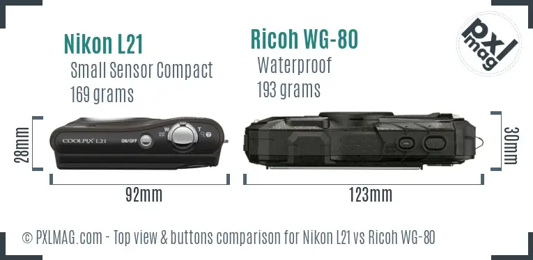 Nikon L21 vs Ricoh WG-80 top view buttons comparison Nikon L21 vs Ricoh WG-80 top view buttons comparison