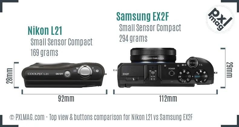 Nikon L21 vs Samsung EX2F top view buttons comparison