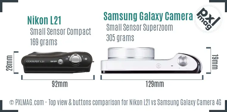 Nikon L21 vs Samsung Galaxy Camera 4G top view buttons comparison Nikon L21 vs Samsung Galaxy Camera 4G top view buttons comparison