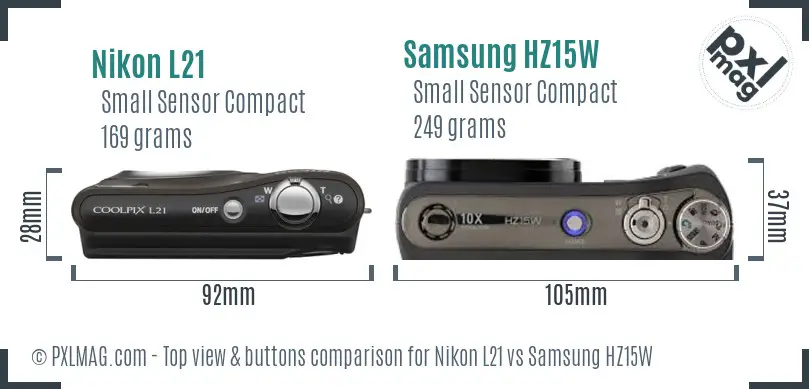 Nikon L21 vs Samsung HZ15W top view buttons comparison Nikon L21 vs Samsung HZ15W top view buttons comparison
