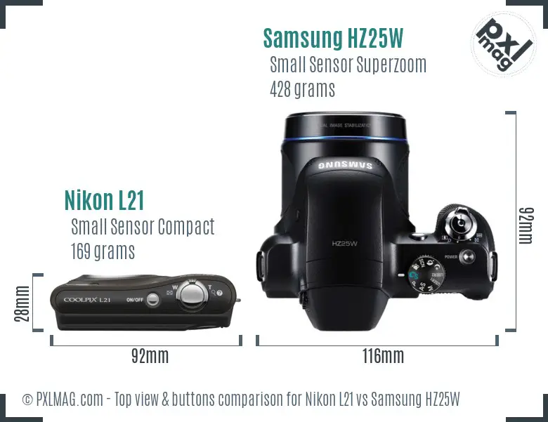 Nikon L21 vs Samsung HZ25W top view buttons comparison