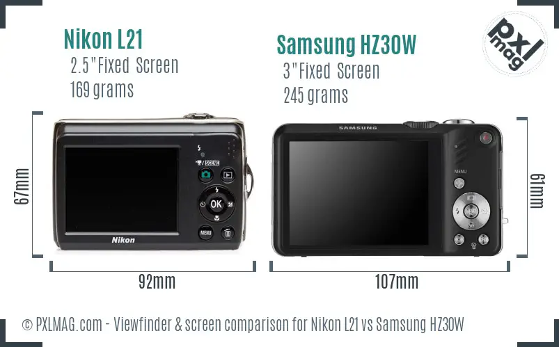 Nikon L21 vs Samsung HZ30W Screen and Viewfinder comparison