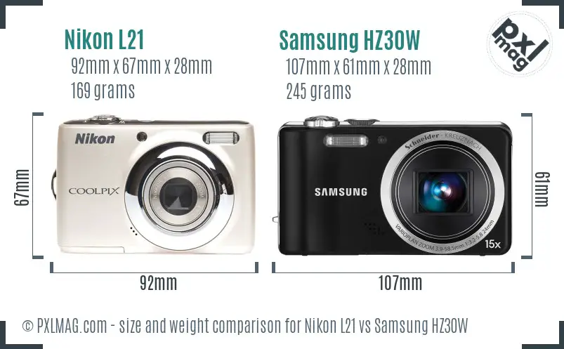 Nikon L21 vs Samsung HZ30W size comparison