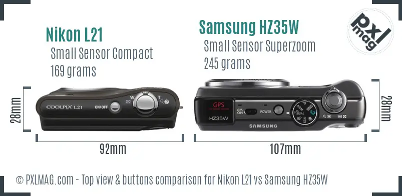 Nikon L21 vs Samsung HZ35W top view buttons comparison Nikon L21 vs Samsung HZ35W top view buttons comparison