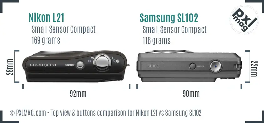 Nikon L21 vs Samsung SL102 top view buttons comparison