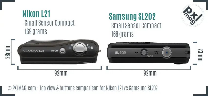 Nikon L21 vs Samsung SL202 top view buttons comparison