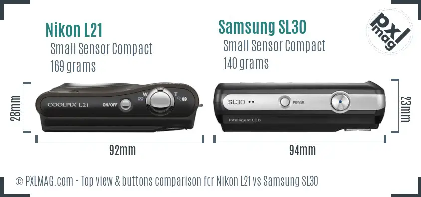 Nikon L21 vs Samsung SL30 top view buttons comparison Nikon L21 vs Samsung SL30 top view buttons comparison