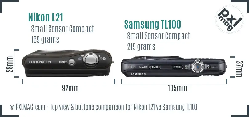 Nikon L21 vs Samsung TL100 top view buttons comparison