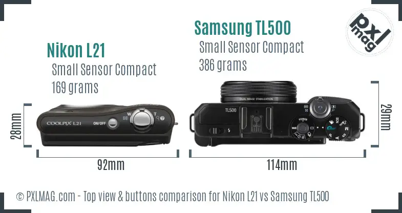 Nikon L21 vs Samsung TL500 top view buttons comparison