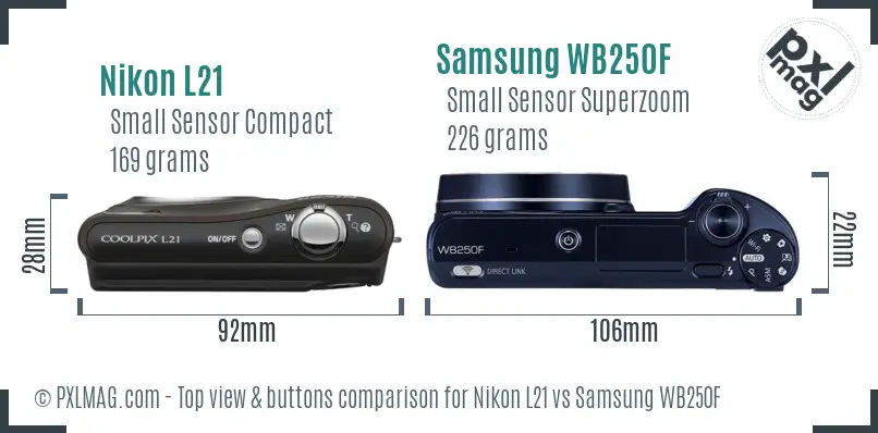Nikon L21 vs Samsung WB250F top view buttons comparison Nikon L21 vs Samsung WB250F top view buttons comparison
